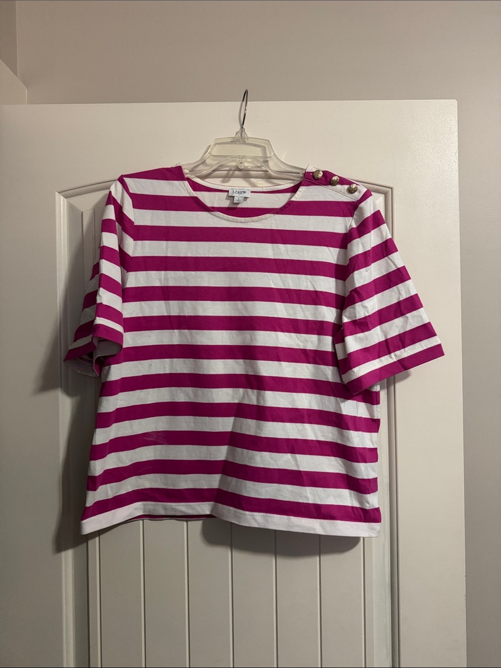 J. Crew White and Fuchsia Striped Short Sleeve Tee with Shoulder Buttons